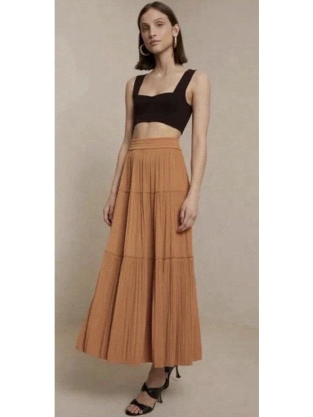 A.L.C. Authentic Thea Plisse Tan Brown Pleated Tiered Maxi Skirt Boho 8 Medium